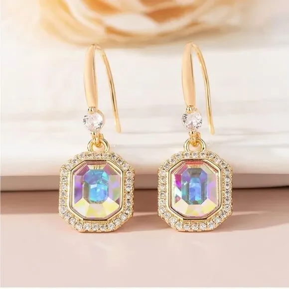 14K Yellow Gold with Iridescent AB Austrian Crystal Octagon Halo Hook Earrings